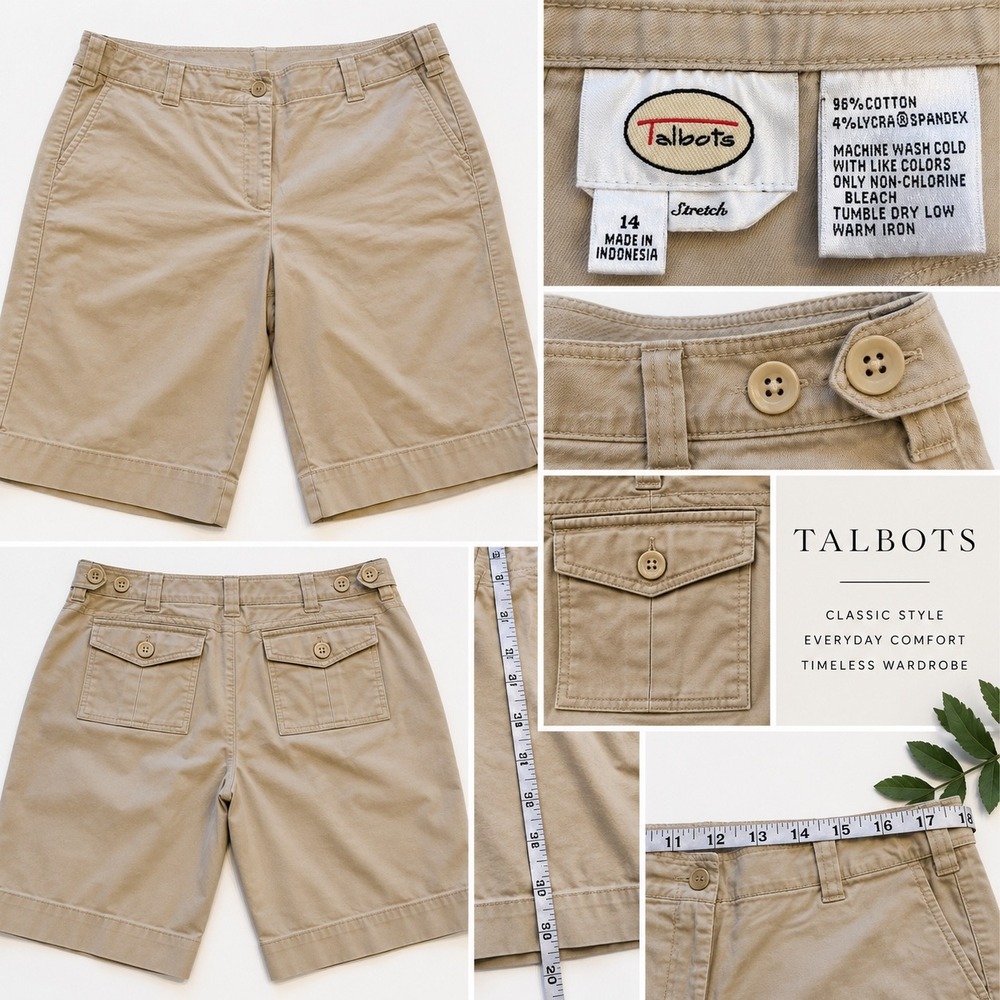 Talbots Womens 14 Khaki Bermuda Shorts Stretch Cotton High Rise Walking 10in
